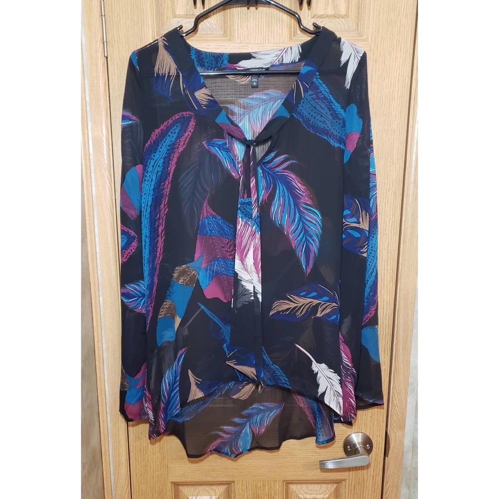 Express Med black, blue & multi feather motif long sleeve blouse